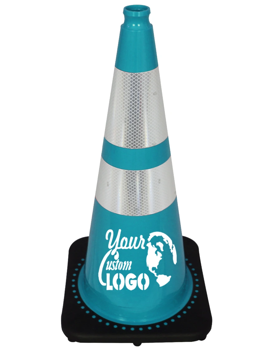 Teal 28\" Traffic Cone w/ 6\" \u0026 4\" Reflective Collars w/ Single Color Graphic