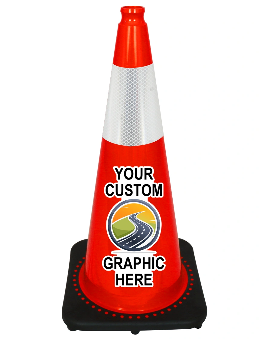 Orange 28\" 10 lbs JBC Black Base Traffic Cone w/ 6\" Reflective Collar w/ Full Color Graphic