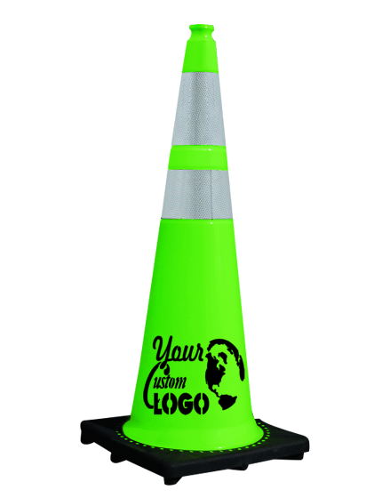 36\" 10 lbsLime Black Base Traffic Cone w/ 6\" \u0026 4\" Reflective Collars w/ Single Color Graphic