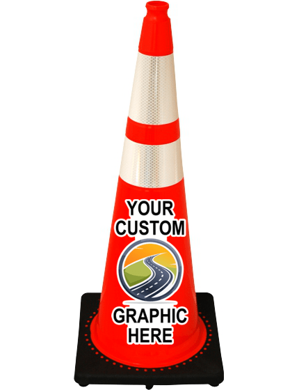 Orange 36\" 12 lbs JBC Black Base Traffic Cone w/ 6\" \u0026 4\" Reflective Collars w/ Full Color Graphic