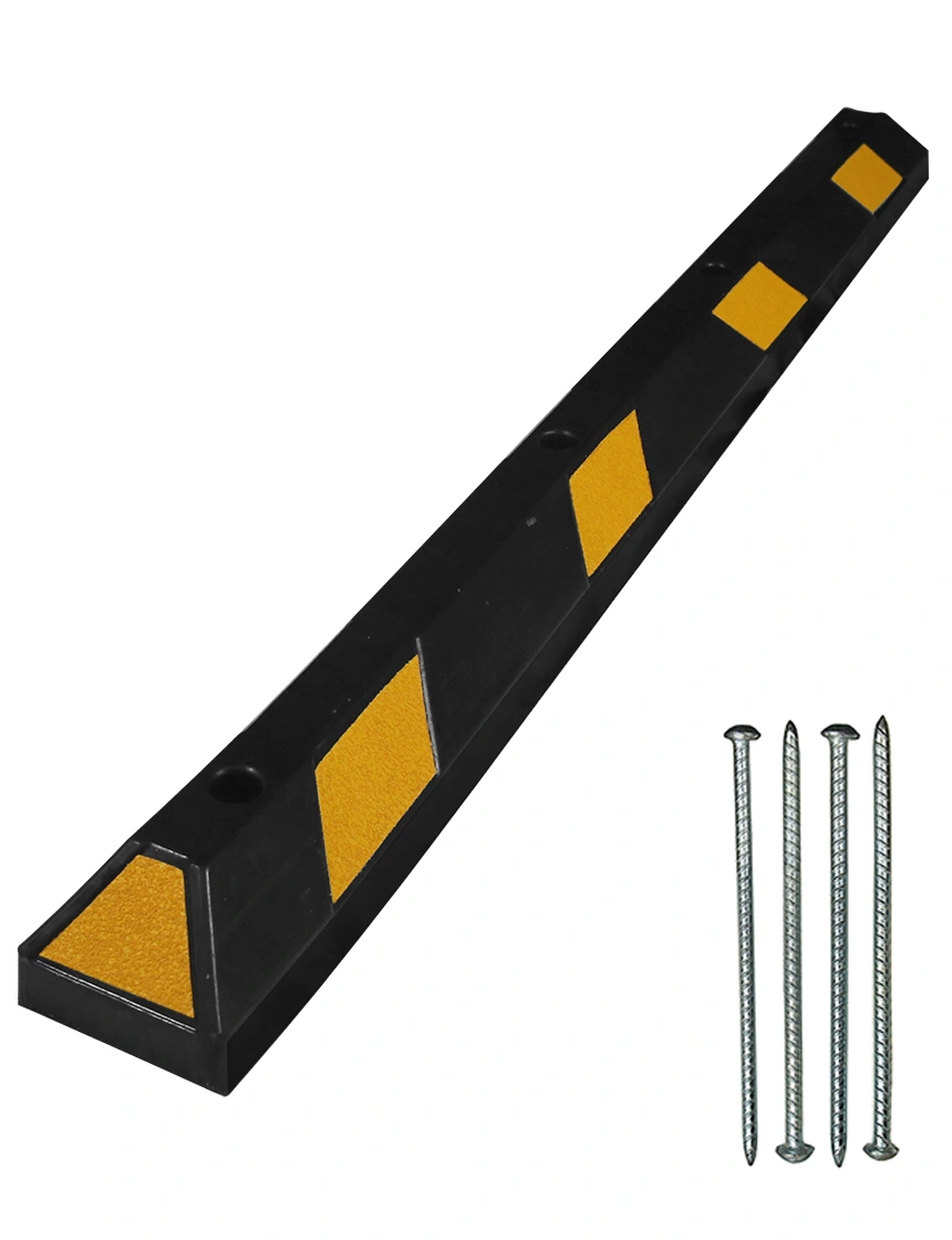 6\u0027 Black Rubber Parking Block w/ Yellow Reflective Panels \u0026 Four 14\" Galvanized Rebar Steel Spikes