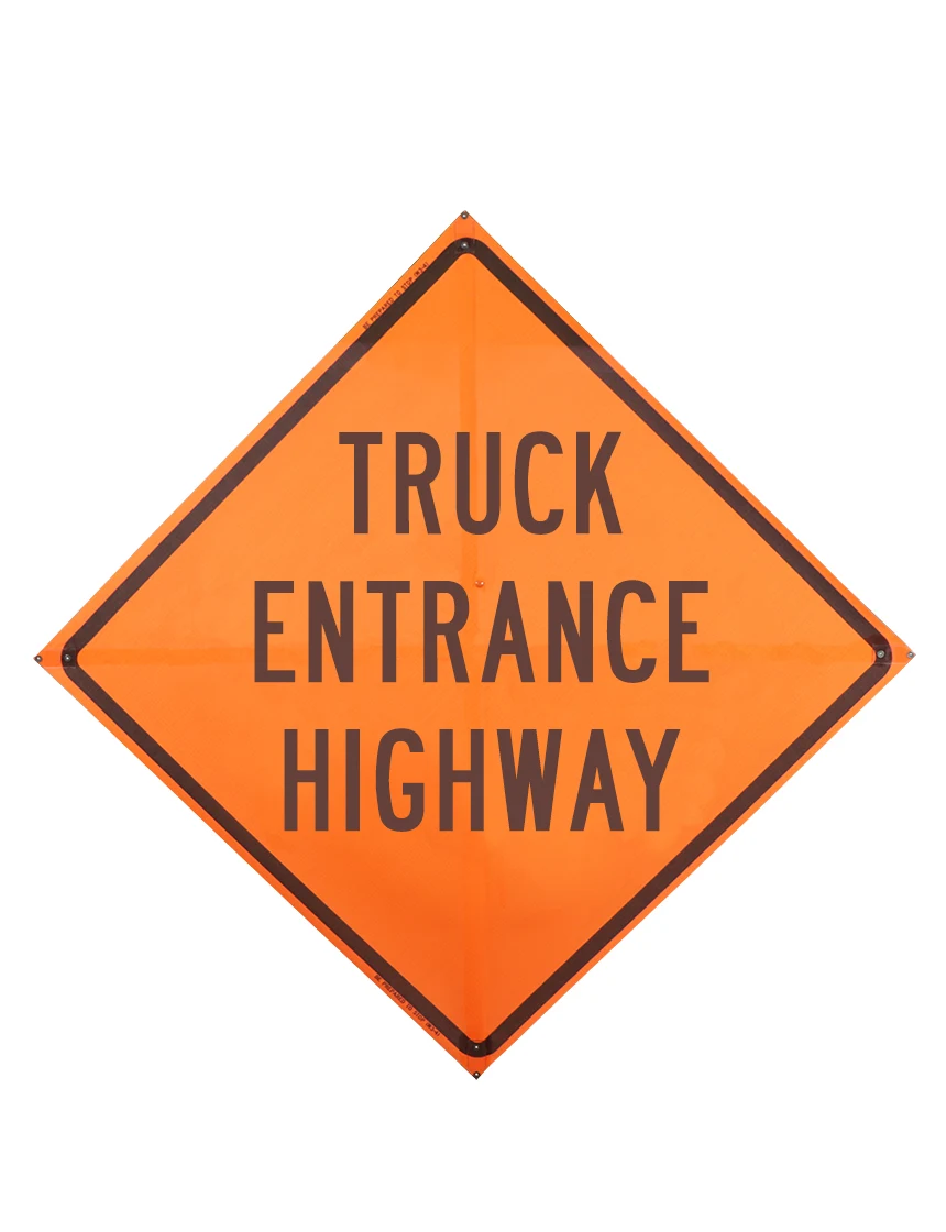 Trucks Entering Highway Sign Sewn Pockets Mesh 48\" X 48\"