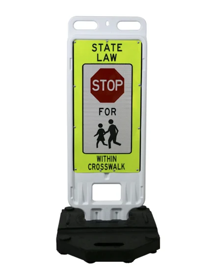 12\"x24\" Reflective Lime, STOP Symbol \"FOR PEDESTRIANS\", Vertical Panel Barricade w/28 Lb. Base