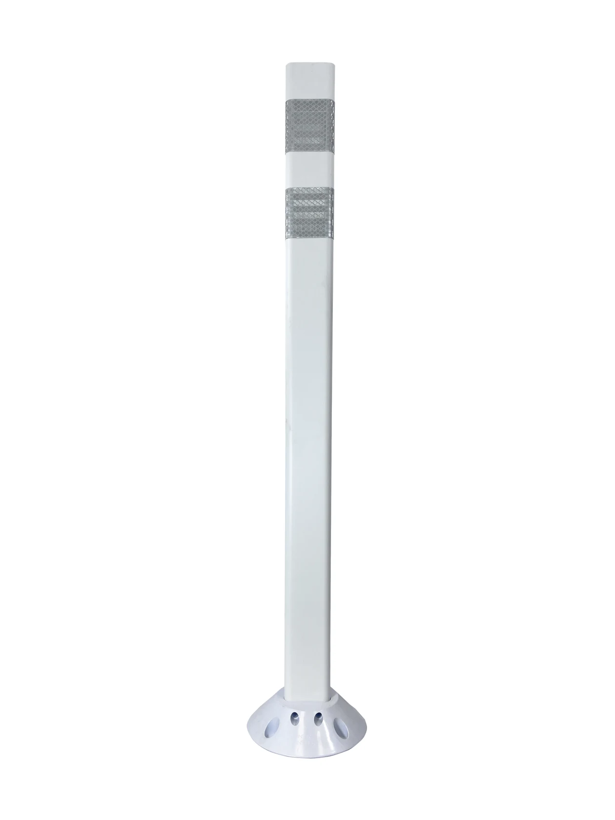 42\" White Clover-Leaf Urethane Delineator Post, Surface Mount Base, 2 Ref Stripe, Two Bundy Pad