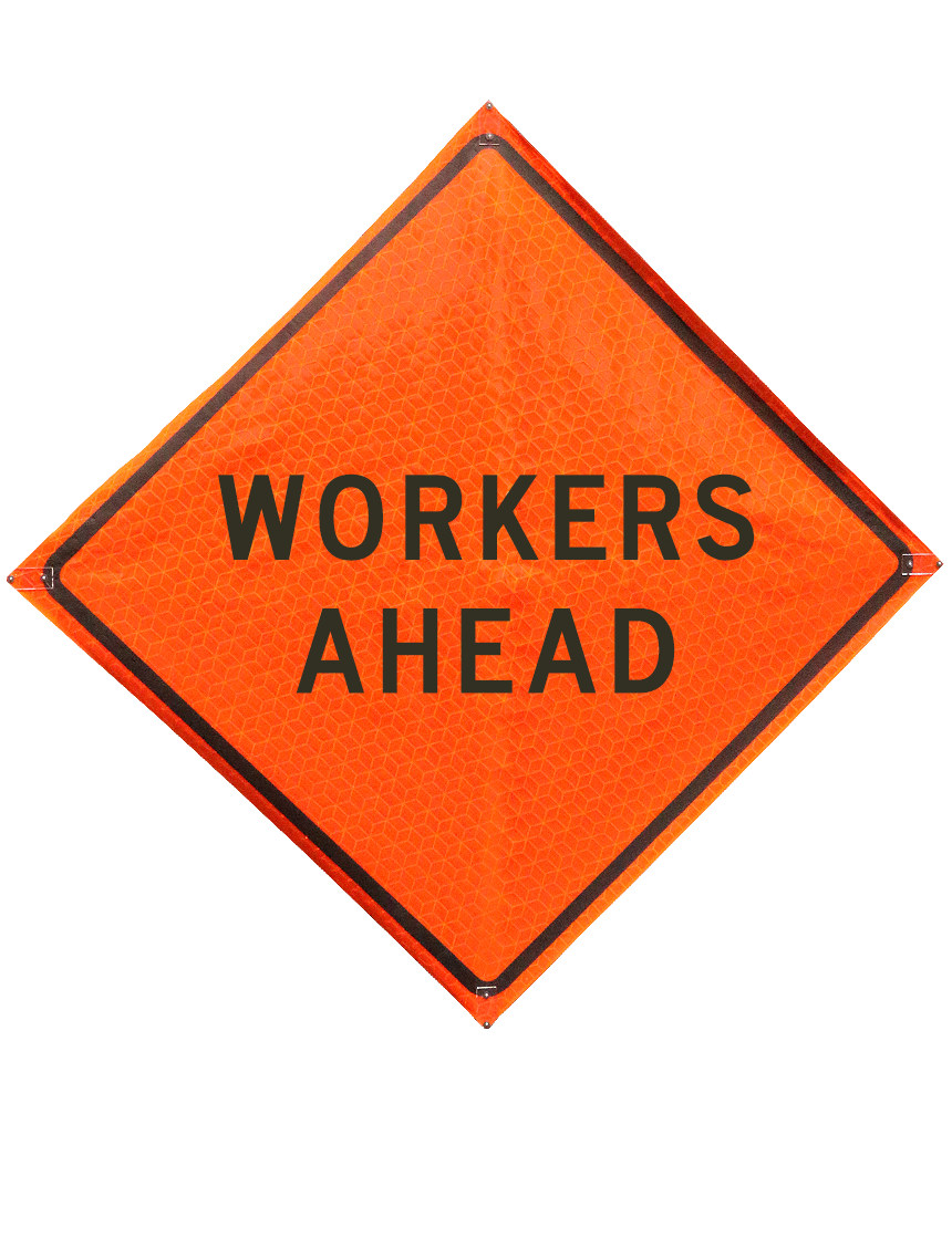Workers Ahead Sign Sewn Pockets Marathon 48\" X 48\"