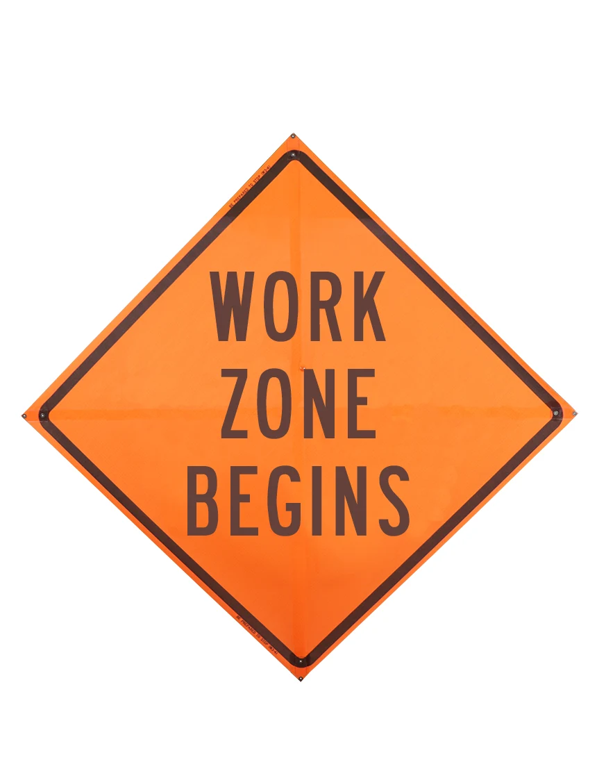 36\", Non-Reflective Mesh Roll Up Sign, WORK ZONE BEGINS