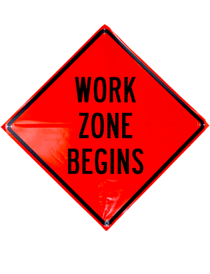48\", Heavy Duty, Non-Reflective Roll Up Sign, WORK ZONE BEGINS