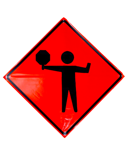flagger with paddle symbol roll up sign sewn pockets non reflective 36 inch by 36 inch