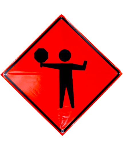 flagger with paddle symbol roll up sign sewn pockets non reflective 48 inch by 48 inch
