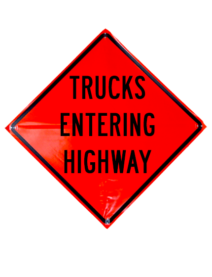 Trucks Entering Highway Roll Up Sign Sewn Pockets Non Reflective 36\" By 36\"