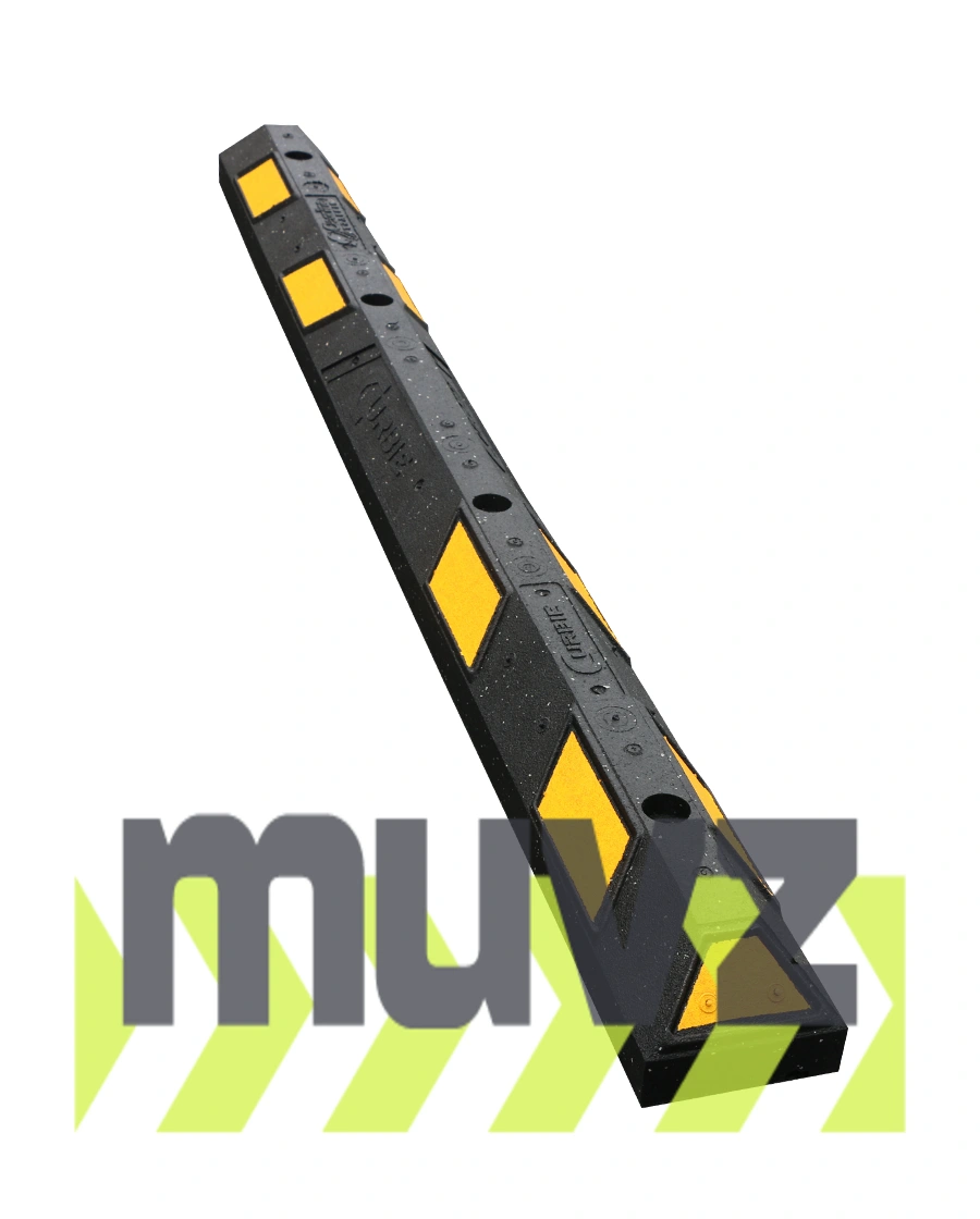 6\u0027 Black \u0026 Yellow \u0027Curbie\" Recycled Rubber Parking Block with Four (4) 13\" Rebar Spikes