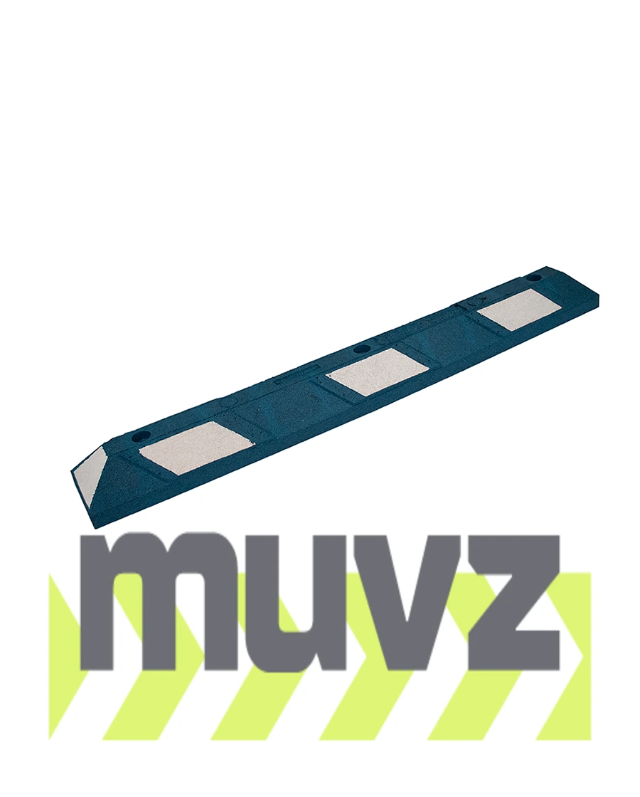 4\u0027 Blue Recycled Rubber Parking Block w/White Reflective Tape \u0026 14\" Rebar Spikes