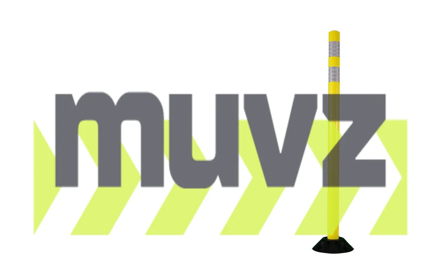 48\" Yellow Round Delineator with two (2) 3\" white reflective collars with Asphalt Mounting Hardware