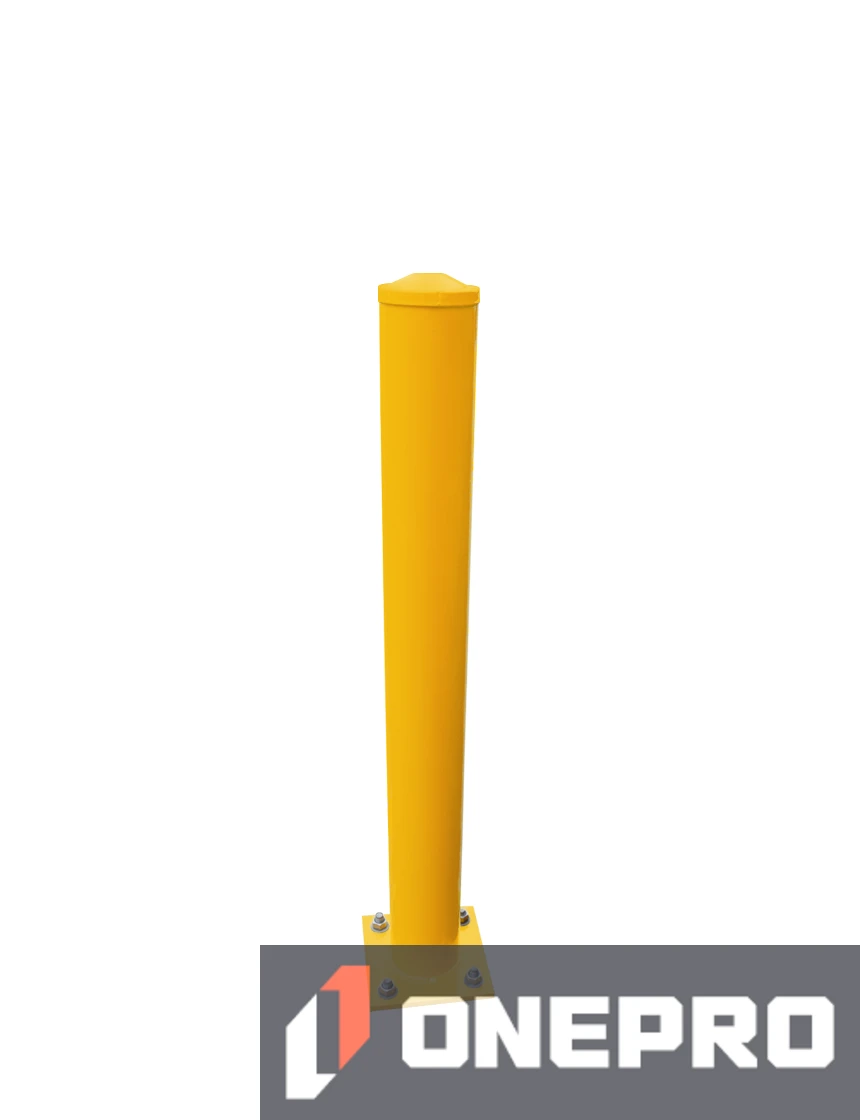 4 1/2\" OD x 42\" Tall, Galvanized Steel Bollard, Powder Coated Safety Yellow w/ 8\" Square Base
