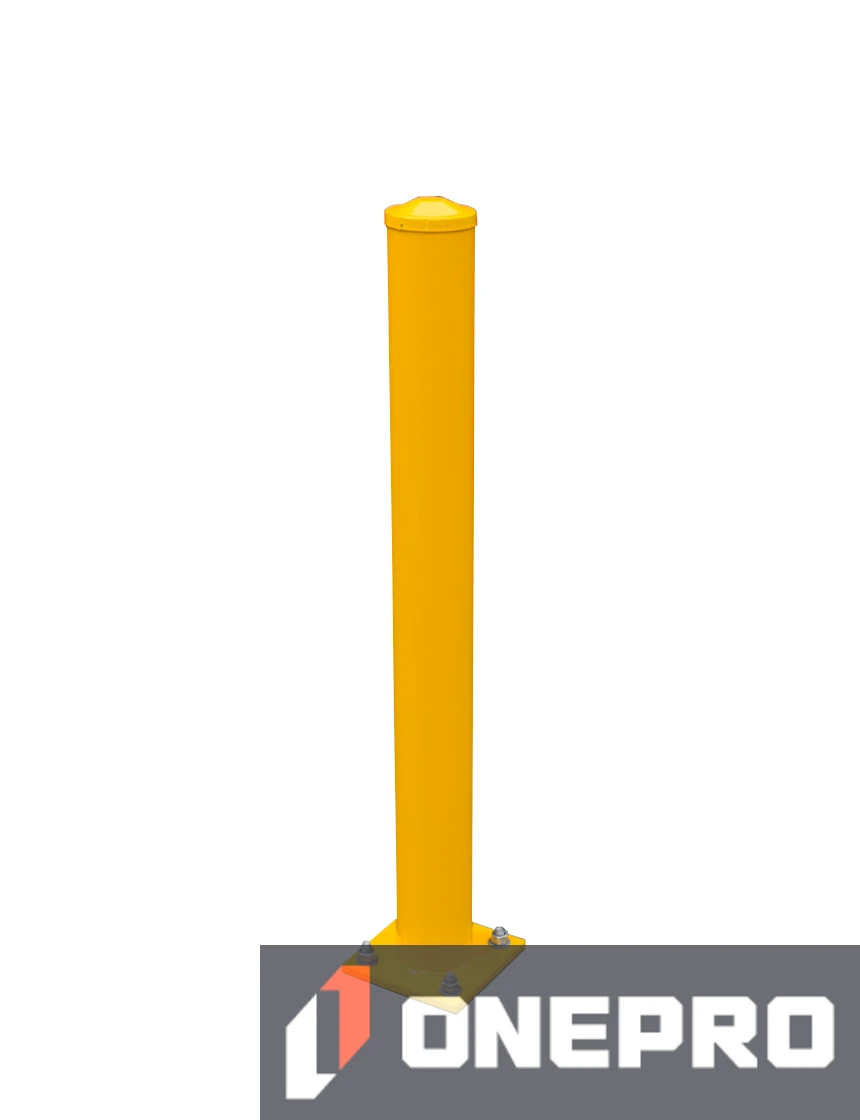4 1/2\" OD x 48\" Tall, Galvanized Steel Bollard, Powder Coated Safety Yellow w/ 8\" Square Base
