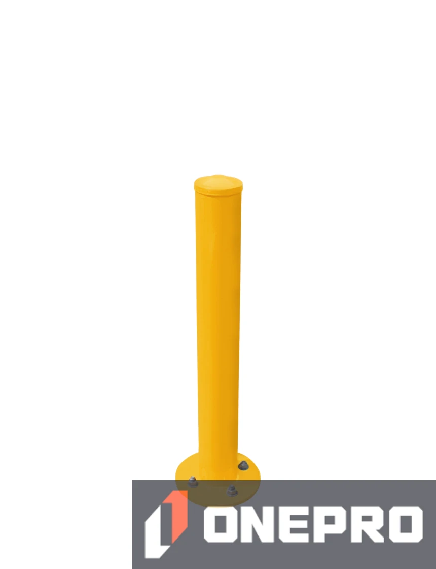36\" T x 4\" Diameter, Yellow Powder Coated Steel, Round Base, Bolt-Down Bollard w/5\" Lag Bolts
