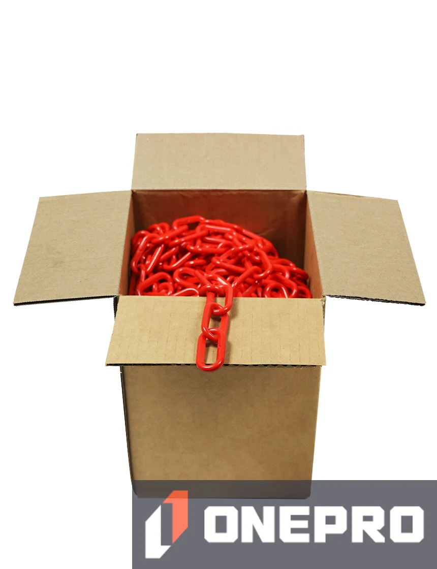 100\u0027 Box of Red 2\" Link, Standard Plastic Chain
