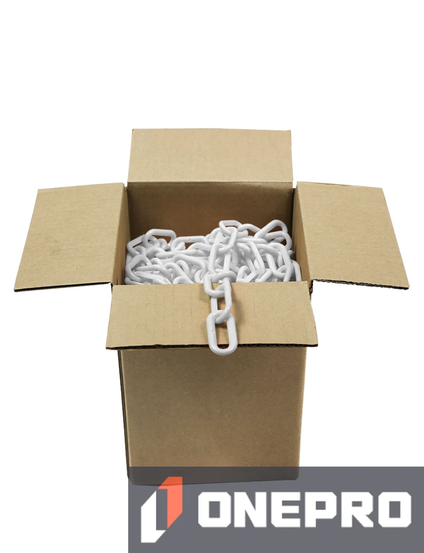 100\u0027 Box of White 2\" Link, Standard Plastic Chain