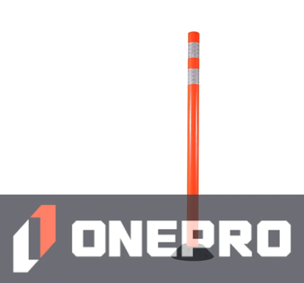 48\" Orange Round Delineator with two (2) 3\" white reflective collars with Adhesive Mounting