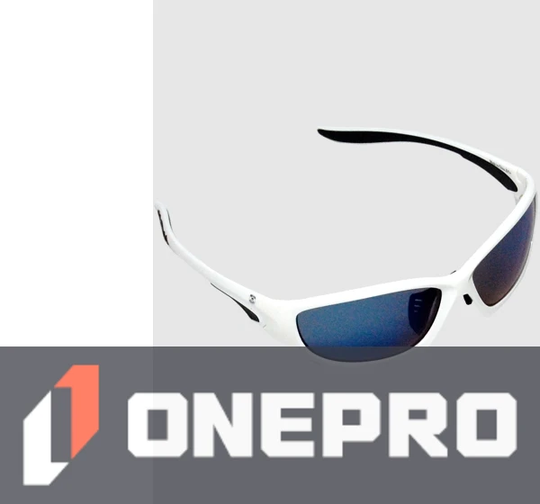 Z87+ Safety Sunglasses (full frame contemporary, white frame, blue mirror anti-fog lens)