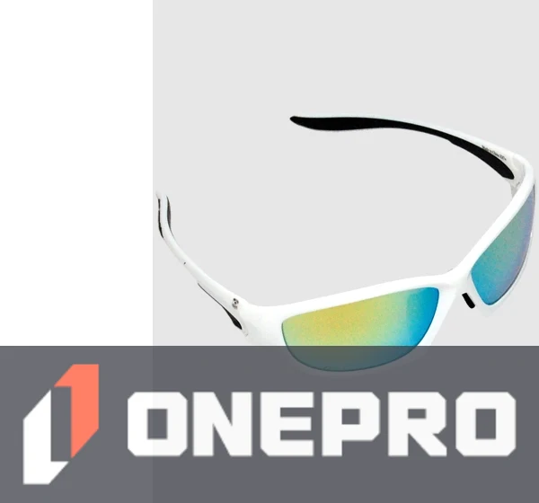 Z87+ Safety Sunglasses (full frame contemporary, white frame, gold mirror anti-fog lens)