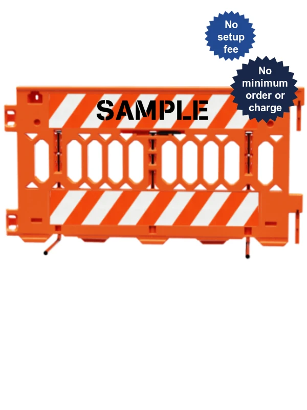 72 inch long ada pathcade barricades orange two pieces of eg sheeting on both sides  custom lettering on one side