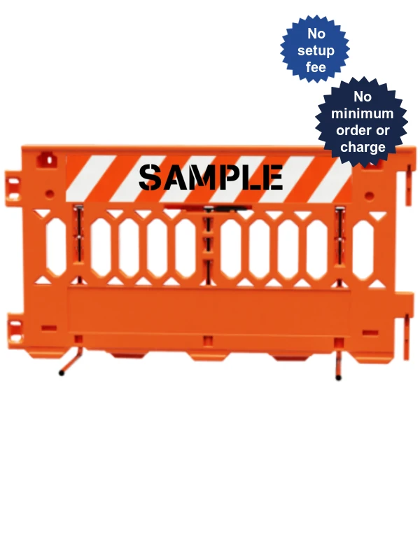 72 inch long ada pathcade barricades orange one piece of eg sheeting on one side  custom lettering on one side