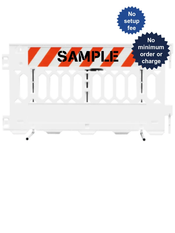 72 inch long ada pathcade barricades white one piece of eg sheeting on one side  custom lettering on one side