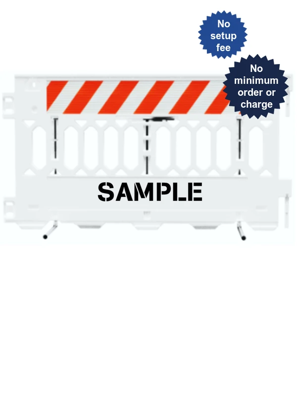 72 inch long ada pathcade barricades white one piece of eg sheeting on one side  custom lettering on both sides