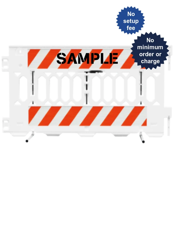 72 inch long ada pathcade barricades white two pieces of eg sheeting on one side  custom lettering on one side