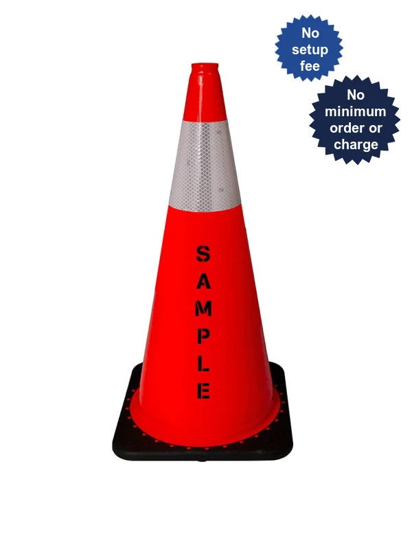 Orange 28 inch JBC Lite-Weight JBC Black Base Traffic Cone w/ 6\" Reflective Collar with Double Sided Lettering