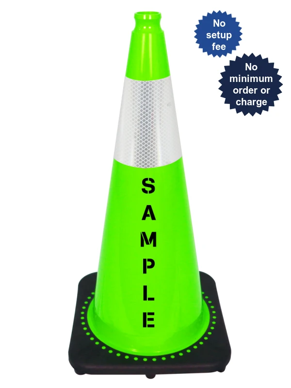 Lime 28 inch 7 lbs JBC Black Base Traffic Cone Single 6\" Reflective Collar and Double Sided Lettering