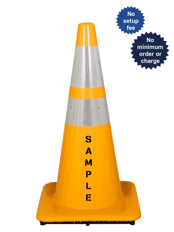 Yellow 28\" Traffic Cone w/6\" \u0026 4\" Reflective Collars \u0026Double Sided Custom Lettering