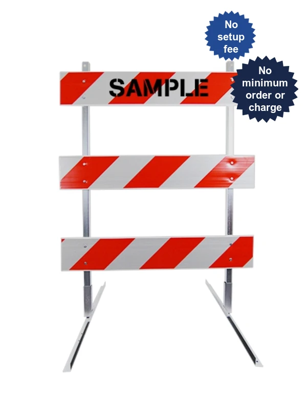 4\u0027 Standard Type 3 Barricade-63\" Tall Steel Frame, 4\u0027 Plastic Boards, HI Sheeting \u0026 Custom Lettering