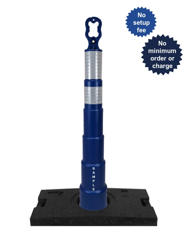 42 inch blue EZ-Grab channelizer orange 30 lb base with 6\" \u0026 4\" reflective collars and custom lettering