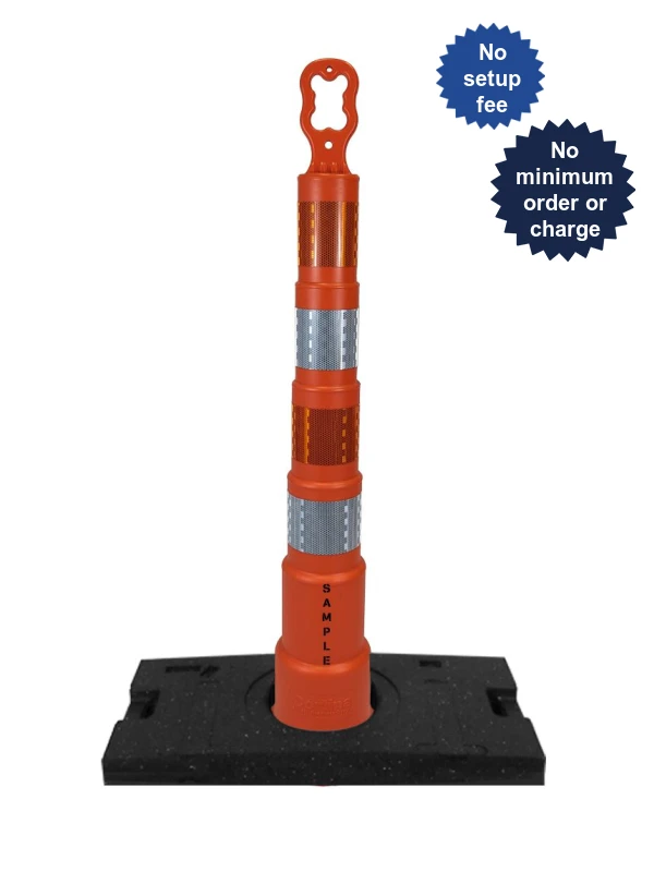 Orange 42 inch EZ-Grab channelizer orange with 30 lb base \u0026 four Hi-Intensity reflective collars \u0026 2X custom lettering