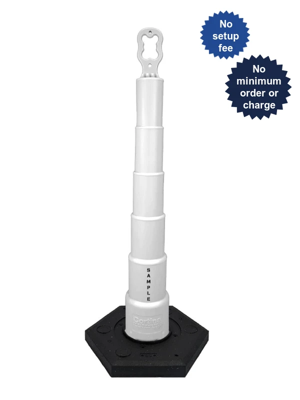 42 inch white EZ-Grab channelizer 16 lb base with 6\" \u0026 4\" reflective collars and custom lettering