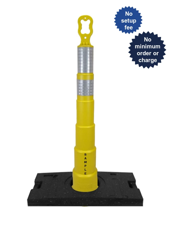 42 inch yellow EZ-Grab channelizer orange 30 lb base with 6 inch and 4 inch reflective collars and 2X custom lettering