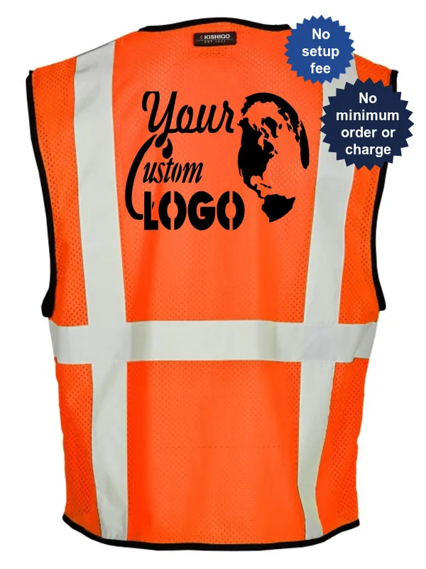 Super Economy Orange Mesh, Class 2 Vest w/6 Pockets \u0026 Zipper Front Closure, \u0026 Custom Logo