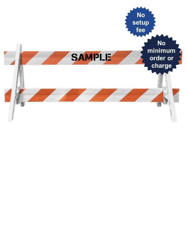 Two (2) Cortina Economy A-Cade Legs \u0026 Two (2) 8\u0027 x 1\" Rails w/Orange \u0026 White EG Reflective Sheeting on Both (2) Sides \u0026 Custom Lettering on Both (2) Sides of one Rail