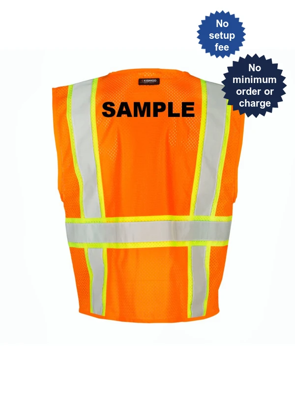Orange, All Mesh Contrasting Class 2 Safety Vest, 4Xl w/Custom Black Lettering