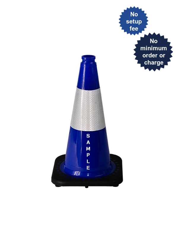Blue 18 inch Cone with Black Base 6\" Reflective Collar and Custom Lettering