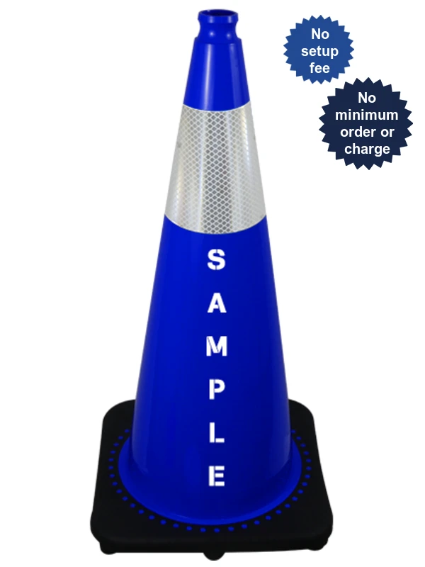 Blue 28 inch 7 lbs JBC Black Base Traffic Cone Single 6\" Reflective Collar and Double Sided Lettering