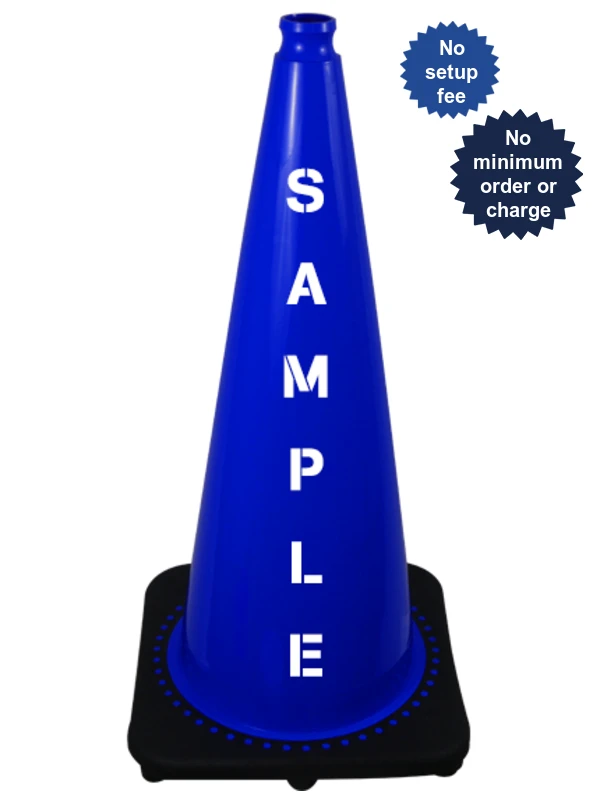 Blue 28 inch 7 lbs JBC Black Base Traffic Cone with Custom Lettering