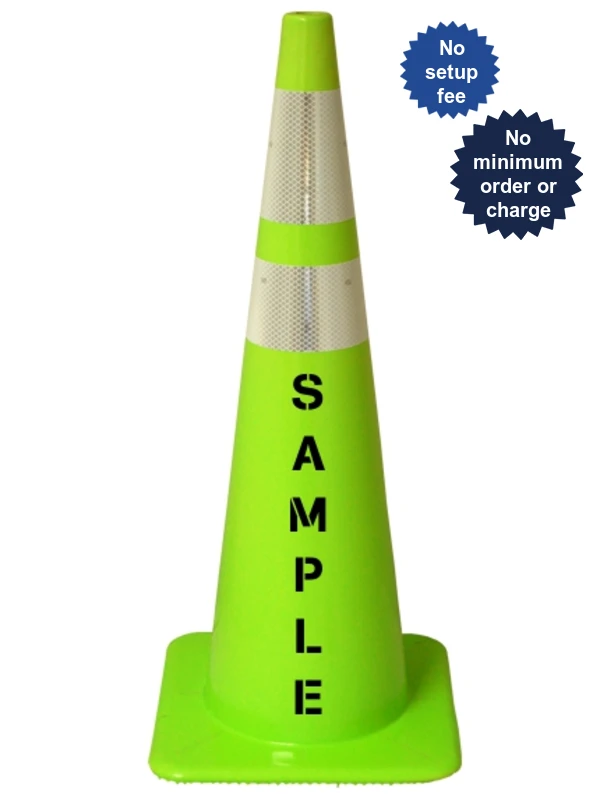 Lime, 36\" Flow Molded Traffic Cone w/6\" \u0026 4\" Reflective Collar and Custom Stencil