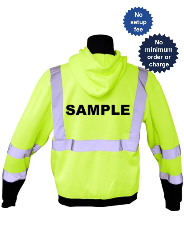 Class 3, Lime, Hooded Full Zipper Sweatshirt, Large w/Non-Reflective Custom Lettering