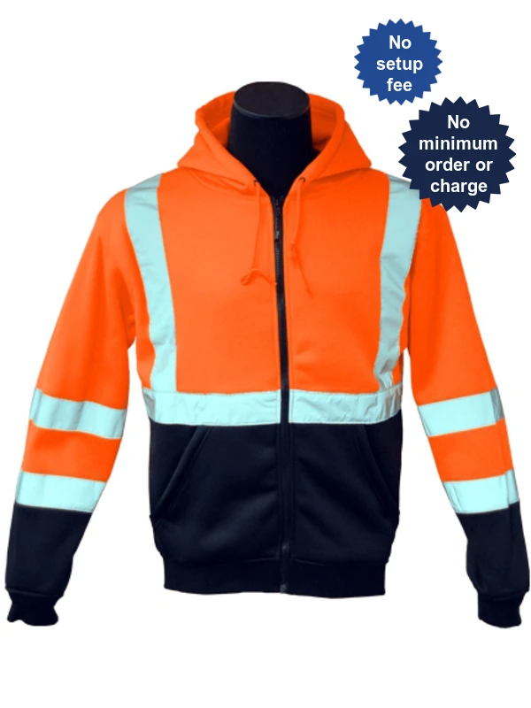 Class 3, Orange, Hooded Full Zipper Sweatshirt, 3Xl w/Non-Reflective Custom Lettering