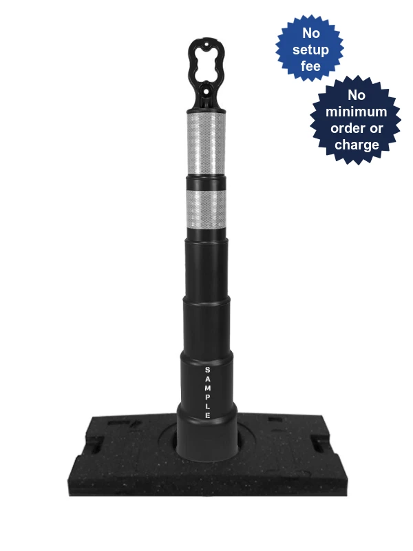 42\" Black Ez-Grab Channelizer Orange 30 lbs Base w/ 6\" \u0026 4\" Reflective Collars \u0026 Custom Lettering