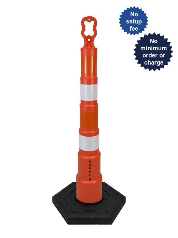 Orange 42\" Ez-Grab Channelizer Orange w/ 16 lbs Base \u0026 Four Engineer Grade Reflective Collars \u0026 Custom Lettering