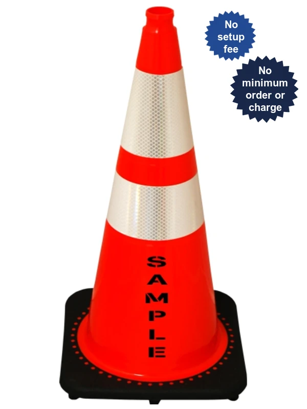Orange 28\" 10.0 Lb. Black Base Cone, 6\" \u0026 4\" Reflective Collars and Custom Stencil